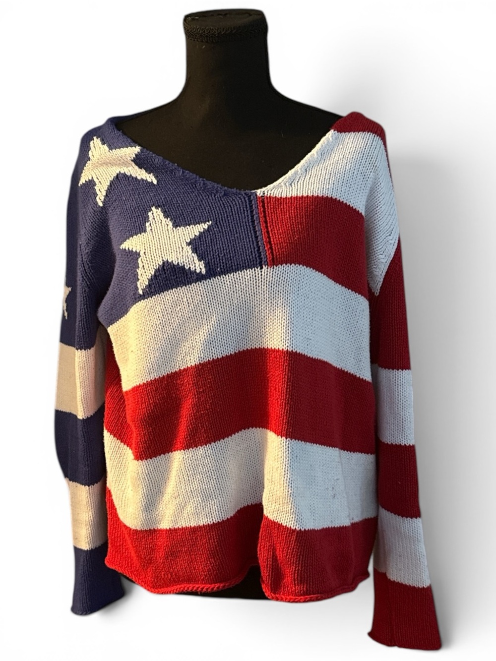 Miracle Off-the-Shoulder American Flag Knit Sweater - Red White Blue p2p is 24